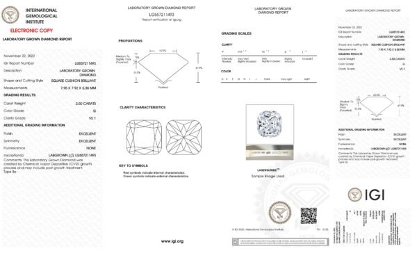 CUSHION shape 2.50 Carat Lab Grown Diamond (G, VS1) IGI Certified - Image 3