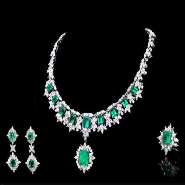 14 k gold studded bridle lab grown diamond and lab grown emerald beautiful Necklace set - Image 2